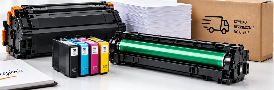 Ilustracja materiałów do drukarek: toner, zespół bębna, wkłady i papier
